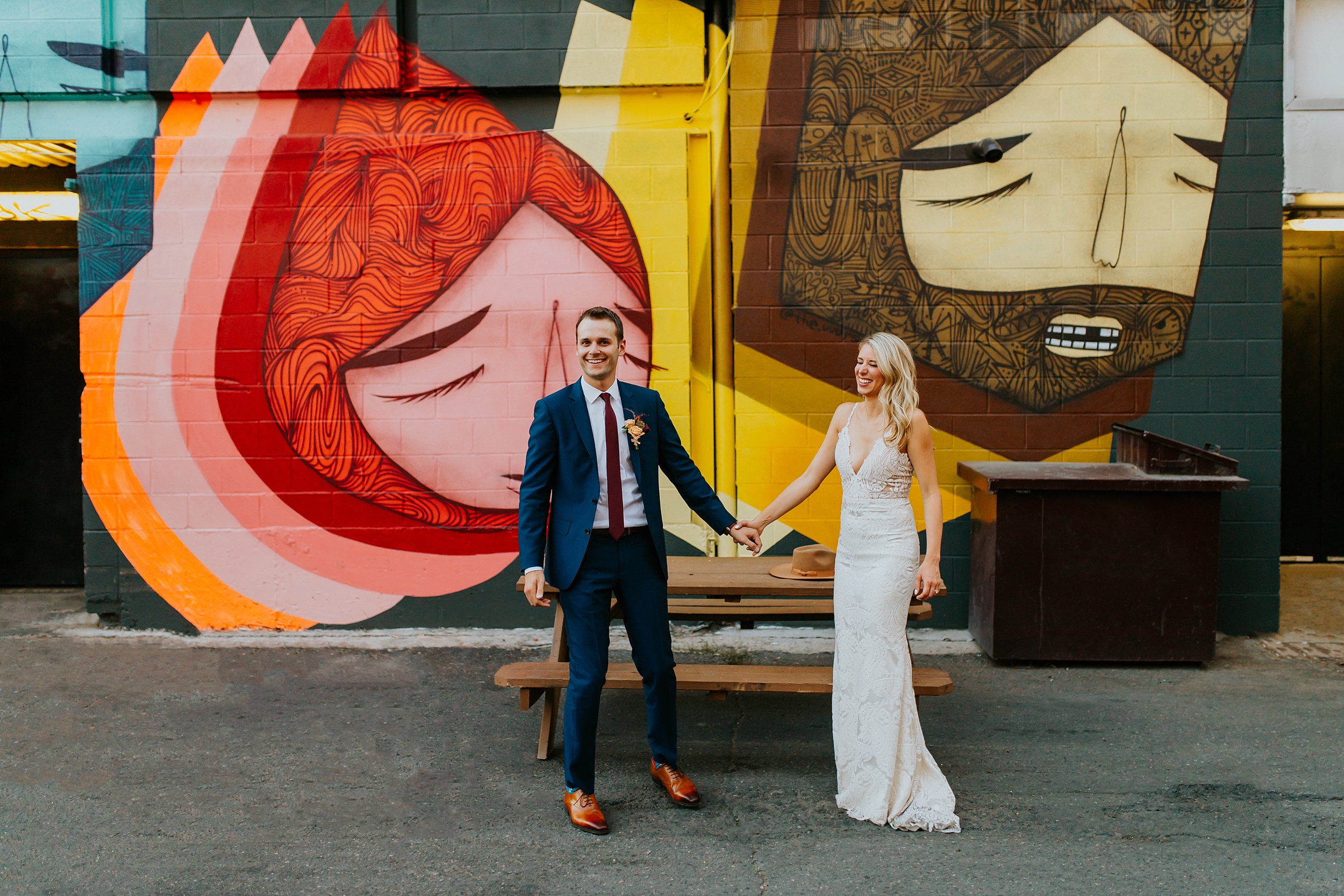 Bride and groom's elopement in the city with street murals!